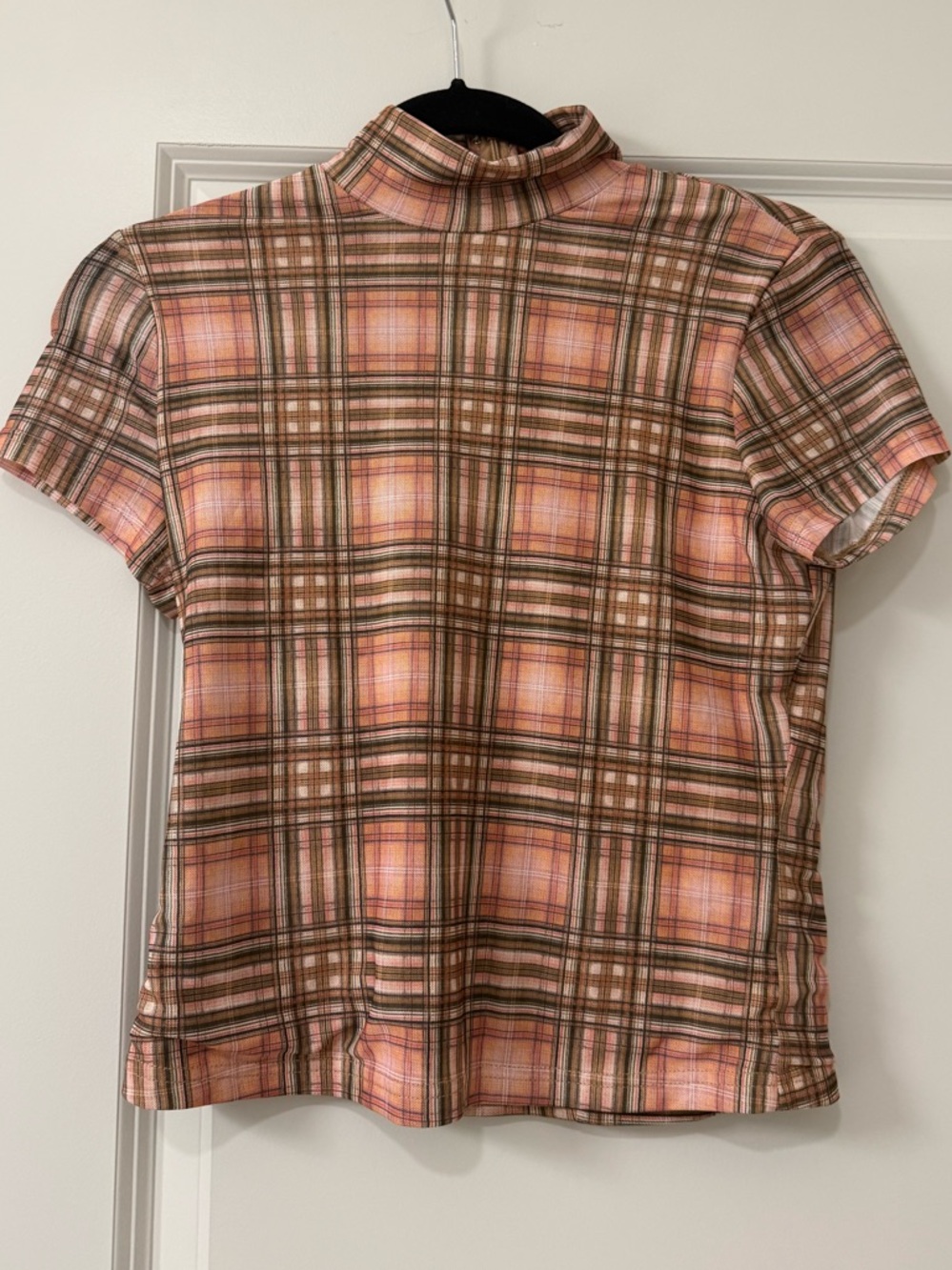 Another Girl Plaid Short Sleeve Mock Neck Mesh Top